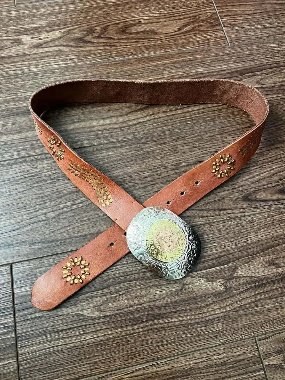 Free People Roman Holiday Leather Belt Size M-L Brown Studded